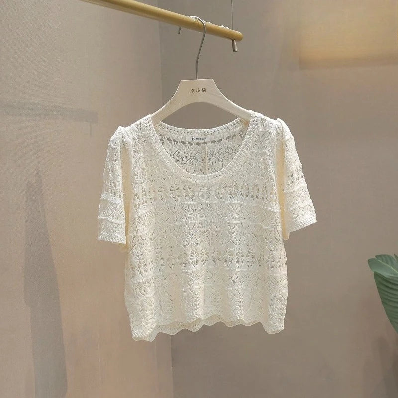 Summer Woman Tshirts Short Sleeve O-neck Loose Tees 2025 Ropa Mujer Hollow Out Knitted Crop T-shirts Vintage Women's Clothes