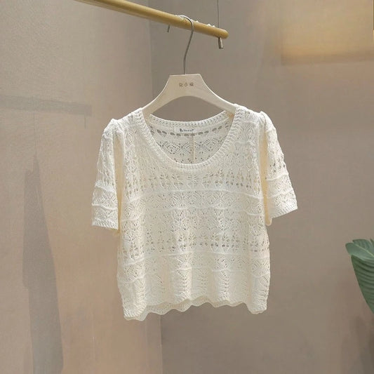 Summer Woman Tshirts Short Sleeve O-neck Loose Tees 2025 Ropa Mujer Hollow Out Knitted Crop T-shirts Vintage Women's Clothes