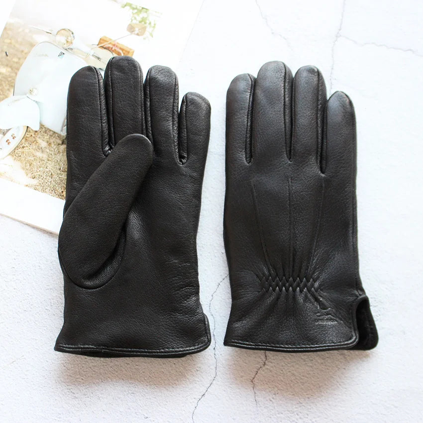 Winter Thick Sheepskin Fur Lining Warm Goatskin Gloves Men's Deerskin Pattern Leather Sheep Shearing Cold-Proof Finger Gloves
