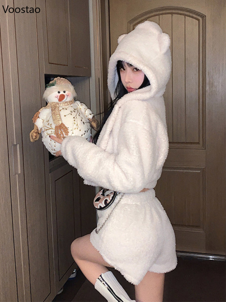 Autumn Winter Women Kawaii Shorts Set Soft Plush Bear Ears Hooded Sweatshirt High Waist Shorts Suit Girls Hoodies 2 Piece Sets