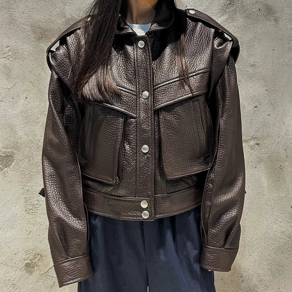 Grained Vintage Leather Jacket Women High Quality Genuine Sheep Leather Coat 2025