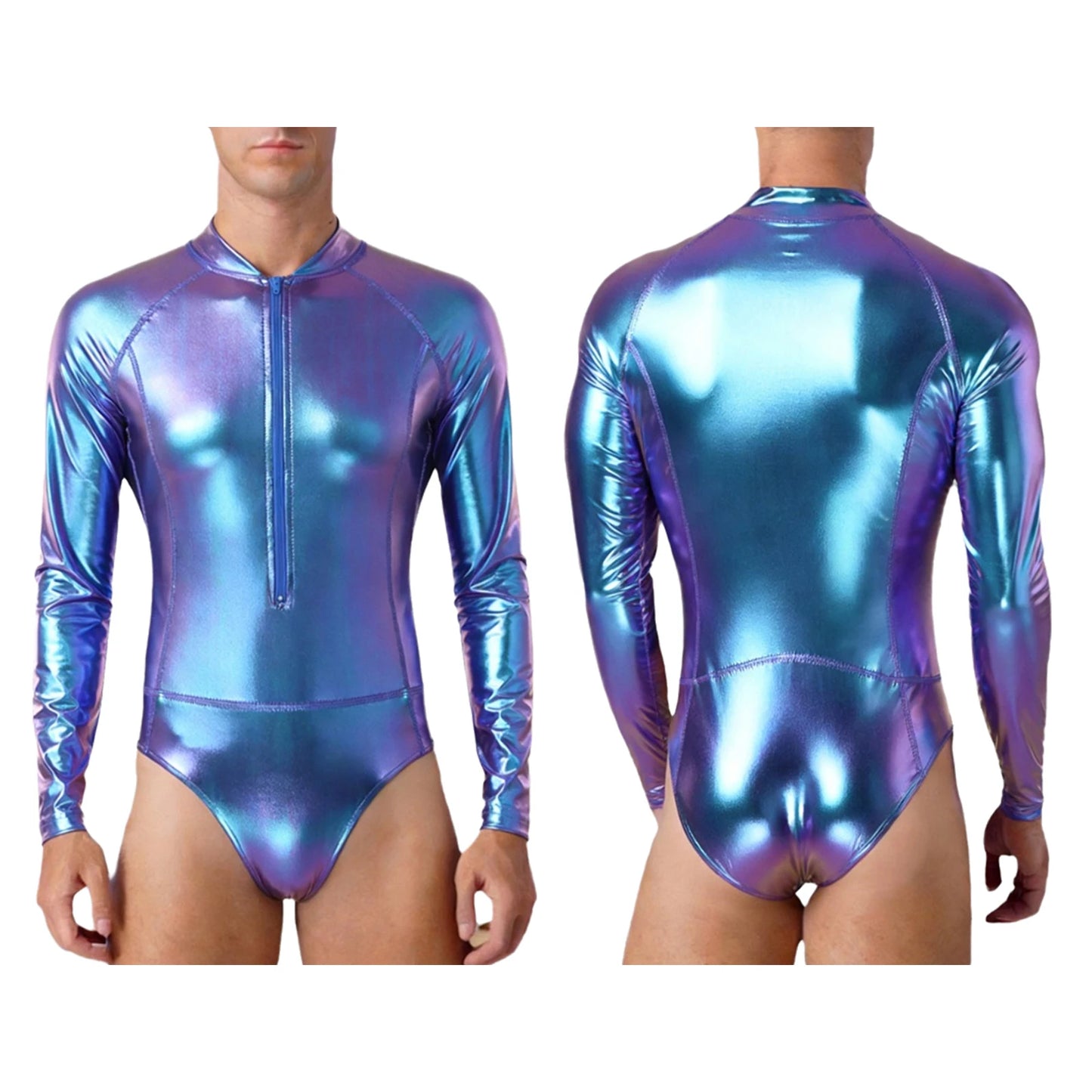 Mens Bathing Suits Swimsuits Metallic Shiny Bodysuit Long Sleeve One-piece for Nightclub Jazz Dance Beach Gymnastics Leotard