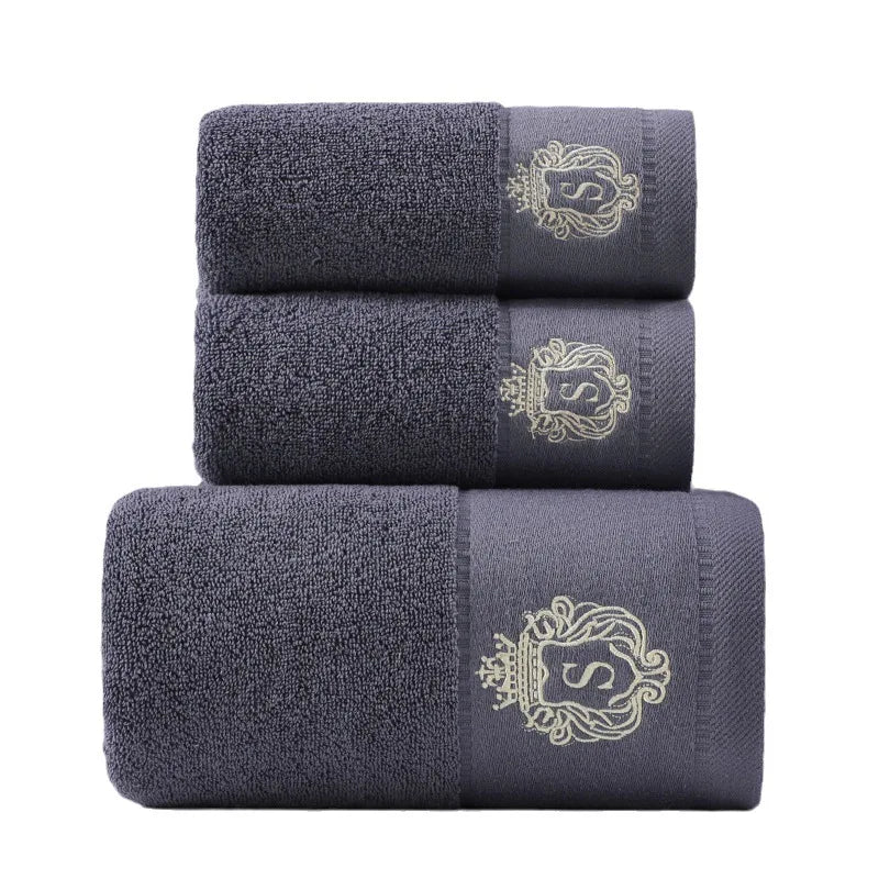 Inyahome Set of 3 Bathroom Cotton Towels Set Embroidered Luxury 2 Hand Towels 35x75cm and Big Bath Towels 70x140cm Washcloth