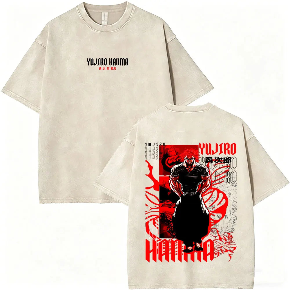 Washed Vintage Anime Baki Hanma Wake Up T-shirt Men Women Retro Manga Oversized T-shirts Men's Casual Cotton T Shirts Streetwear