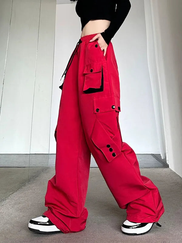 American High Street Workwear Casual Pants Women Loose Color Block Straight Leg Long Pants Pocket High Waist Wide Leg Trousers
