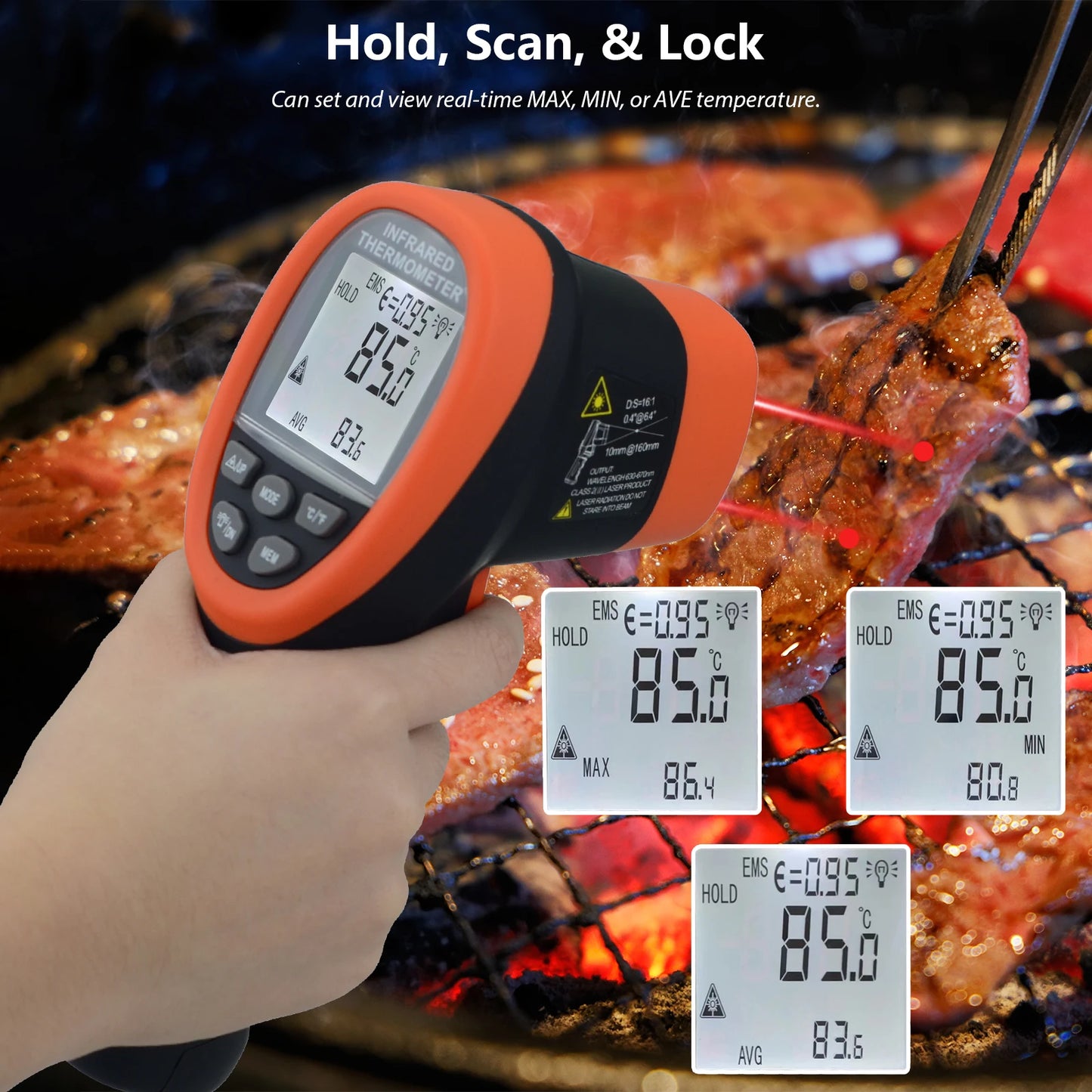 Infrared Thermometer Non-Contact Digital Laser Temperature Gun with -50°C~800°C, Adjustable Emissivity for Cooking/BBQ/Freezer
