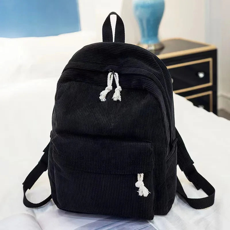Corduroy Backpack, Academy Fashion School Bags for Middle/High School & College, Cute Tassel Detail, Versatile Casual Daily Bag