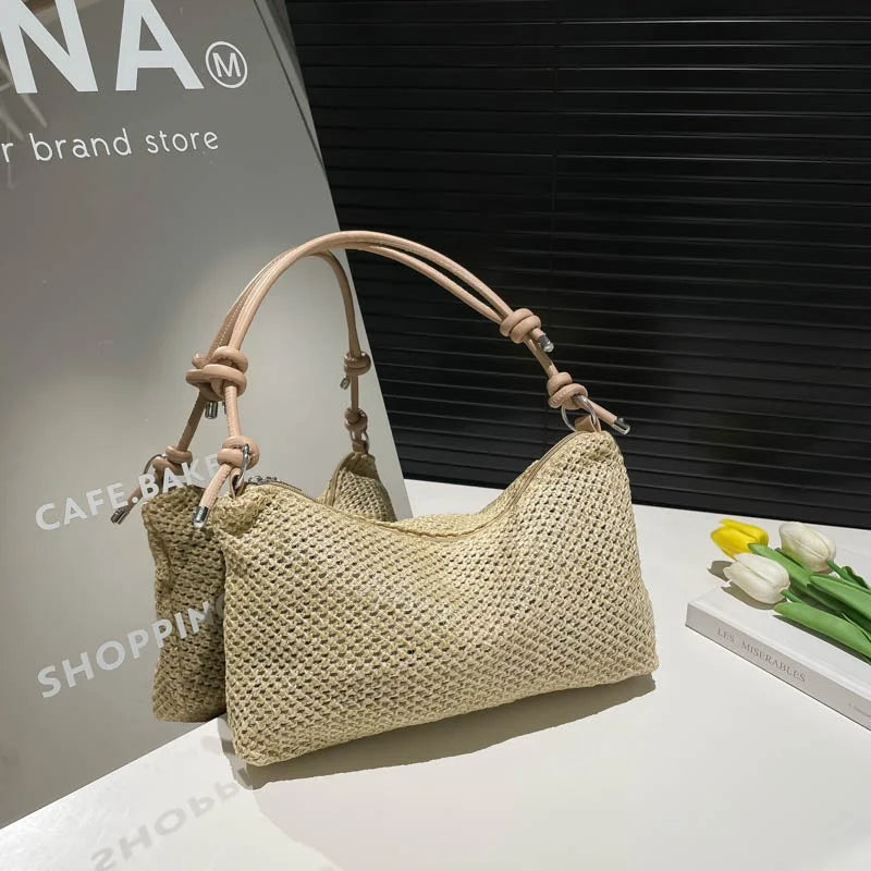 Women Woven Bag Summer Beach Holiday Handbag Portable Tote Bag Fashion Casual Big Capacity Leather Rope Women Shoulder Bags