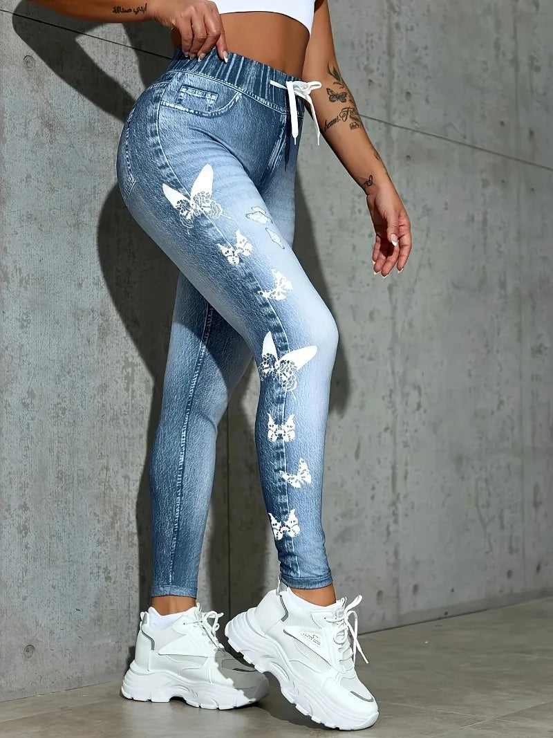 Pants Women Faux Denim Printed High Waist Leggings Casual Skinny Stretch Imitation Jeans Sweatpants Clothes Y2k Pants Joggers