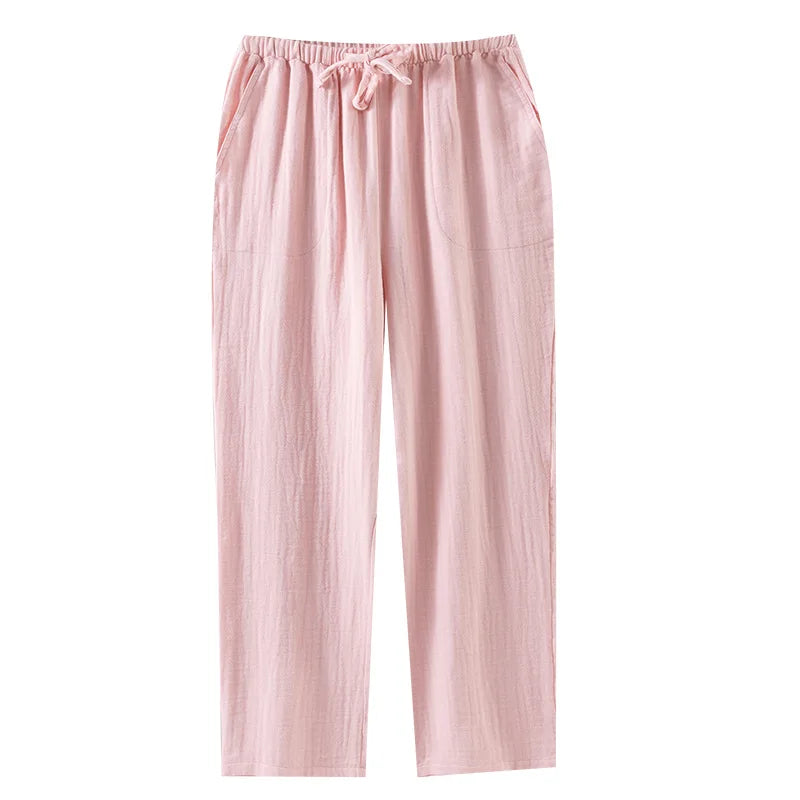 Men's and Women's Pajama Pants Yarn-dyed Pure Cotton Home Pants Casual Loose Thin Solid Color Lounge Wear Elastic Waist Bottoms