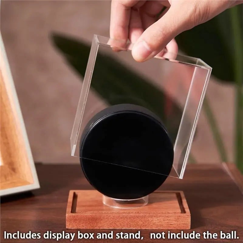 Hockey Puck Display Case Acrylic Clear Holder With Wood Base Hockey Part