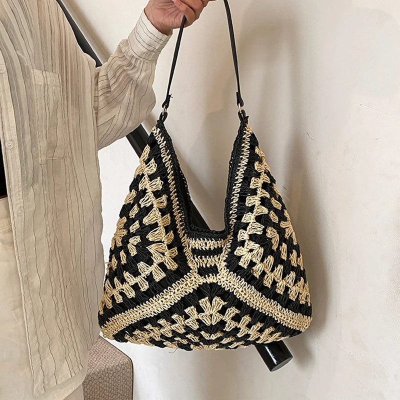 Women Weaving Clutches Top-handle Bag Large  Portable Shoulder Bag Summer Beach Purses Shopper Satchel Female Tote Bags