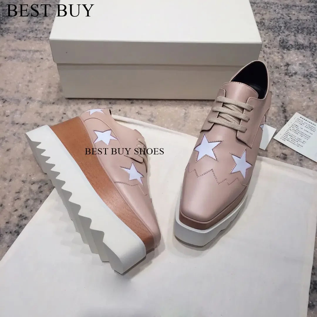 Women Fashion patent Stars high Loafers Shoes Lady Square Toe lace-up Thick Bottom Platform Wedge Shoes For Women sneakers