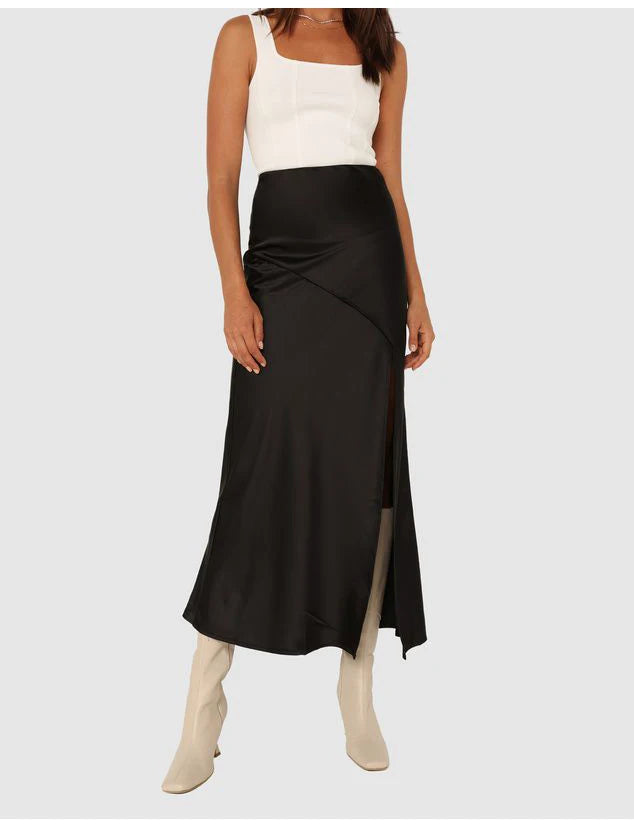 Summer Satin Skirts For Woman Office Maxi A Line Black Silk Skirts With Slit Lady High Waist Women Patchwork Skirt Long Elegant