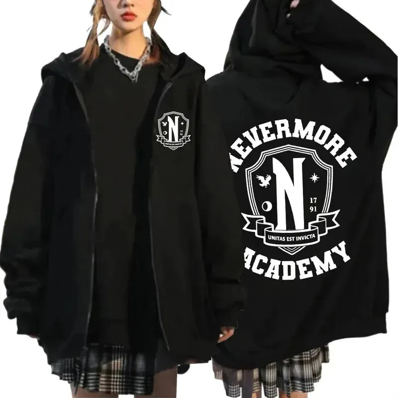 Nevermore Academy Wednesday Addams Zipper Hoodie Casual Fashion Zip Up Sweatshirts Women's Hoodie Top Spring Autumn Coats