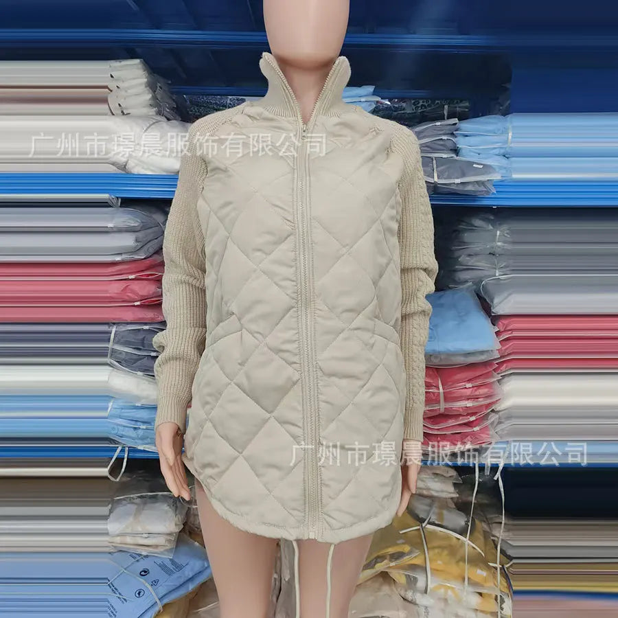 Winter Women Jackets Solid Stand Collar Neck Parkas Patchwork Drawstring Hem Zipper Closure Cotton Jacket Warm Cardigan Coats