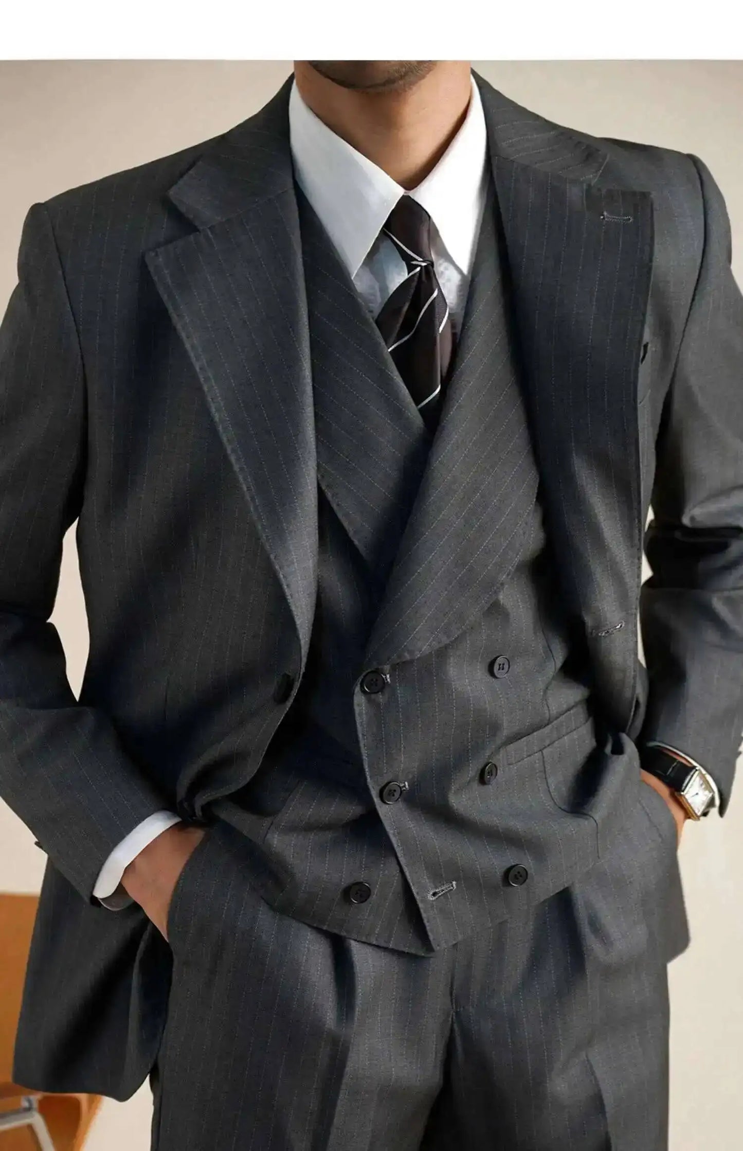 Wool Italian Blazers Suit For Men Business Double Breasted Wedding Tuxedo Suit Smoking Homme Mariage Striped Suit 3 Piece Homme