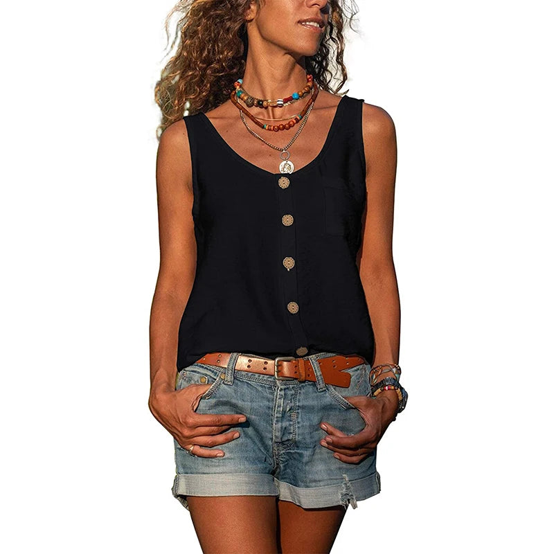 Women Summer Loose Vest Tops Buttons Chiffon Blouse Holiday T Shirt Casual Cami Tank Top Sleeveless Base V-neck Camisoles
