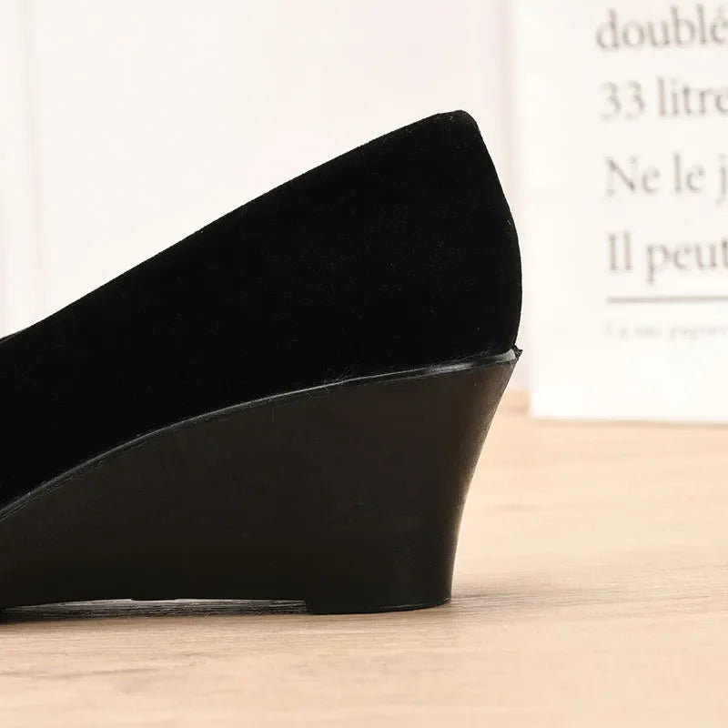 Women's 5cm Wedge Heels Workwear Ceremonial Cloth Shoes Black PU Office Ladies Spring Slip on Oxford Shoes Shallow Mouth Shoes