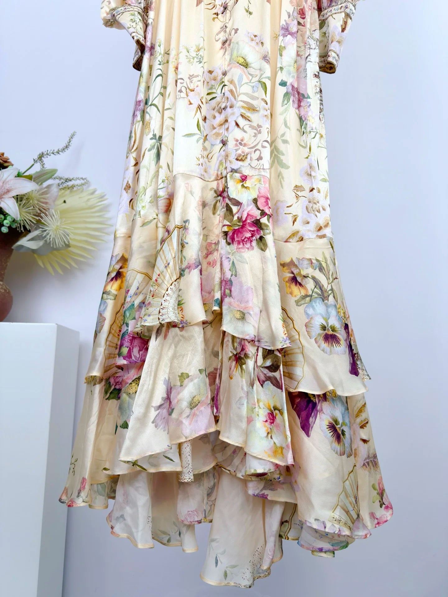Women Silk Flower Printed Long Dress Heavy Beaded V-Neck Lantern Sleeve Loose Female dress