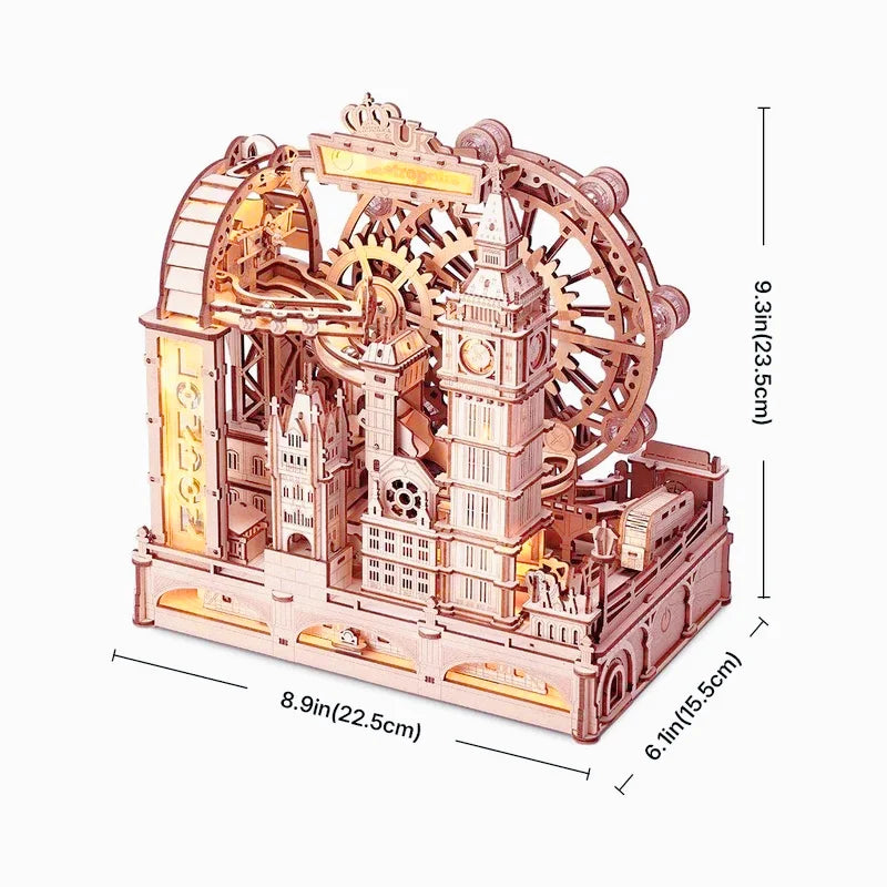 3D Wooden Puzzle Marble Run Building Kit London City Model with Lights Mechanical DIY Landmark Puzzle for Adults Teens