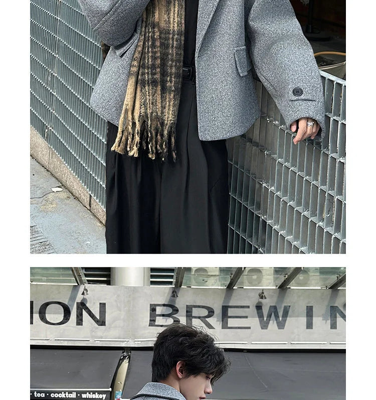 High-end British Style Sle Ort Suit Woolen Jacket Men's Autumn Winter High Sensation Cool Korean Sle Coats Jaet Outerwear Unisex