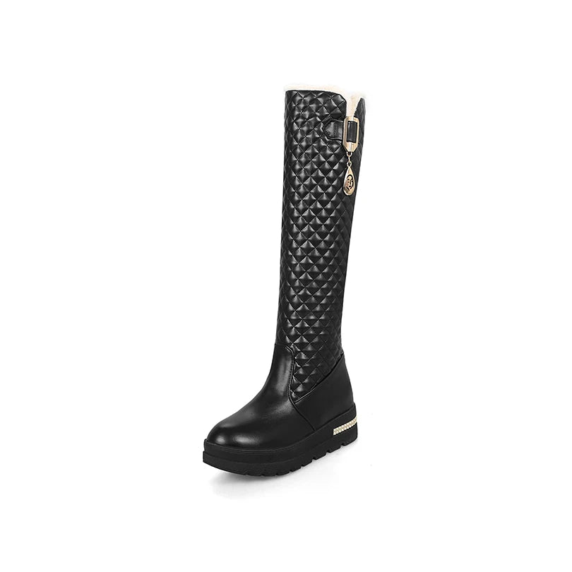 Raised Checkerboard With Metal Square Buckle Warmth Plush Lining Women's Snow Boots Flat Bottoms Elevated Knee Length Boots