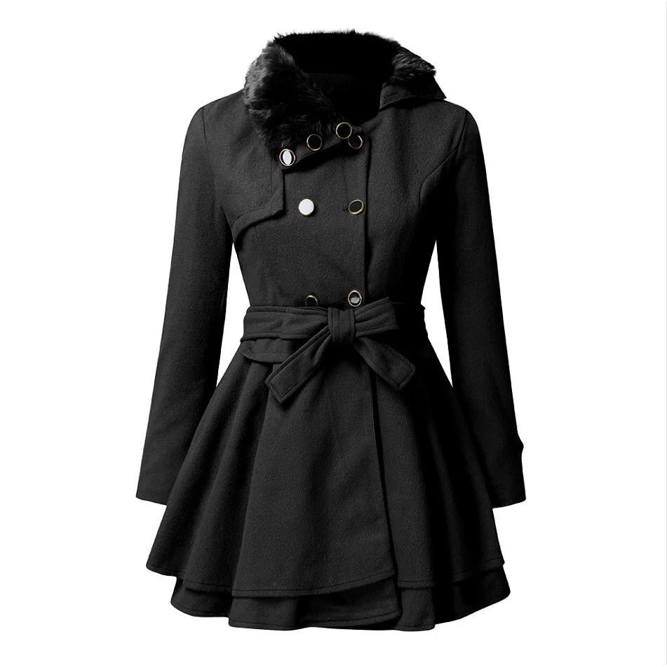 European and American Women's Wool Coat with Wide Skirt Hem and Fur Collar Women's Double-Breasted Wool Trench Coat
