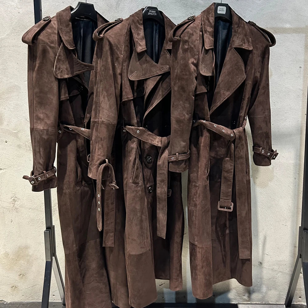 Suede Burgundy Long Coat Double Breasted Windbreak Length 150cm Women's Real Suede Coat