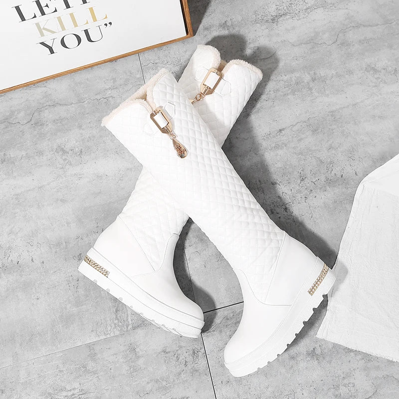 Raised Checkerboard With Metal Square Buckle Warmth Plush Lining Women's Snow Boots Flat Bottoms Elevated Knee Length Boots