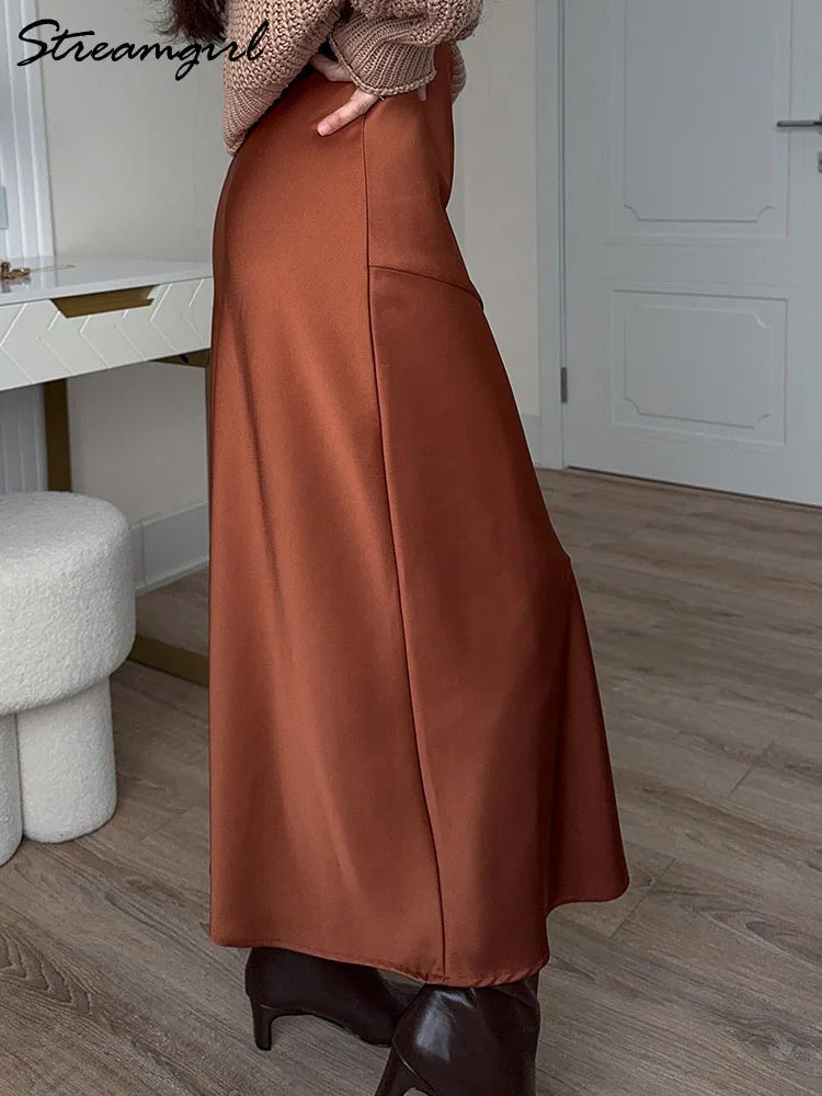 Summer Satin Skirts For Woman Office Maxi A Line Black Silk Skirts With Slit Lady High Waist Women Patchwork Skirt Long Elegant