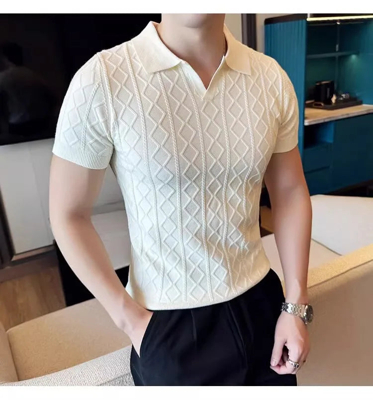 Polo Style Sweaters for Men Summer New Slim Fit Short Sleeve Business Casual T-shirts Male Solid Turn Down Collar Knitwear Tops