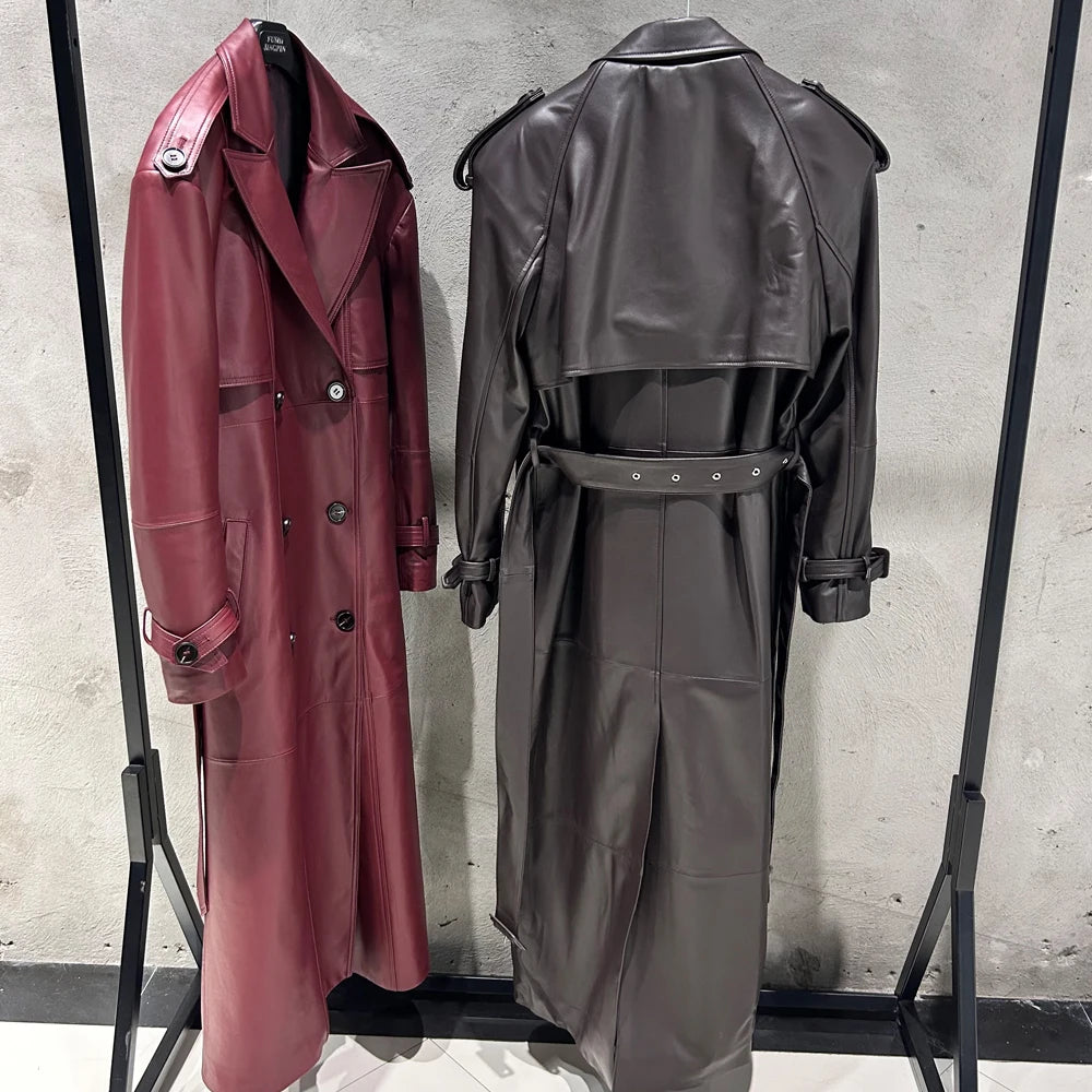 Suede Burgundy Long Coat Double Breasted Windbreak Length 150cm Women's Real Suede Coat