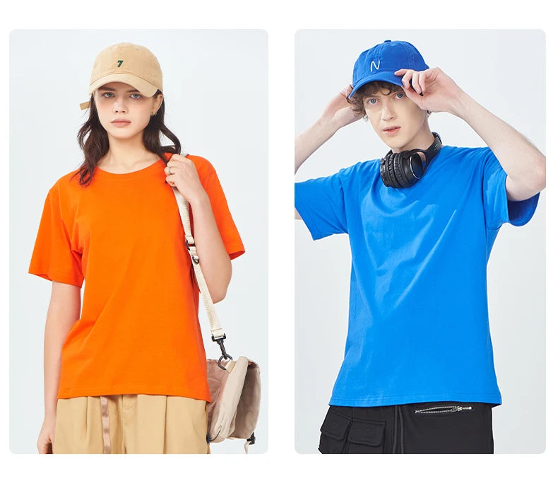 Loose Cotton Solid Tshirts Men Woman Short Sleeve Fashion Brand Trend Couple Clothing Tees Customized Candy Color Summer Tops