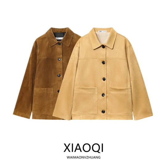 Women's Loose Long Sve Faux Leather Jaet Autumn New Arrival Versatile Outerwear Warmth Faion Sle Button Closure