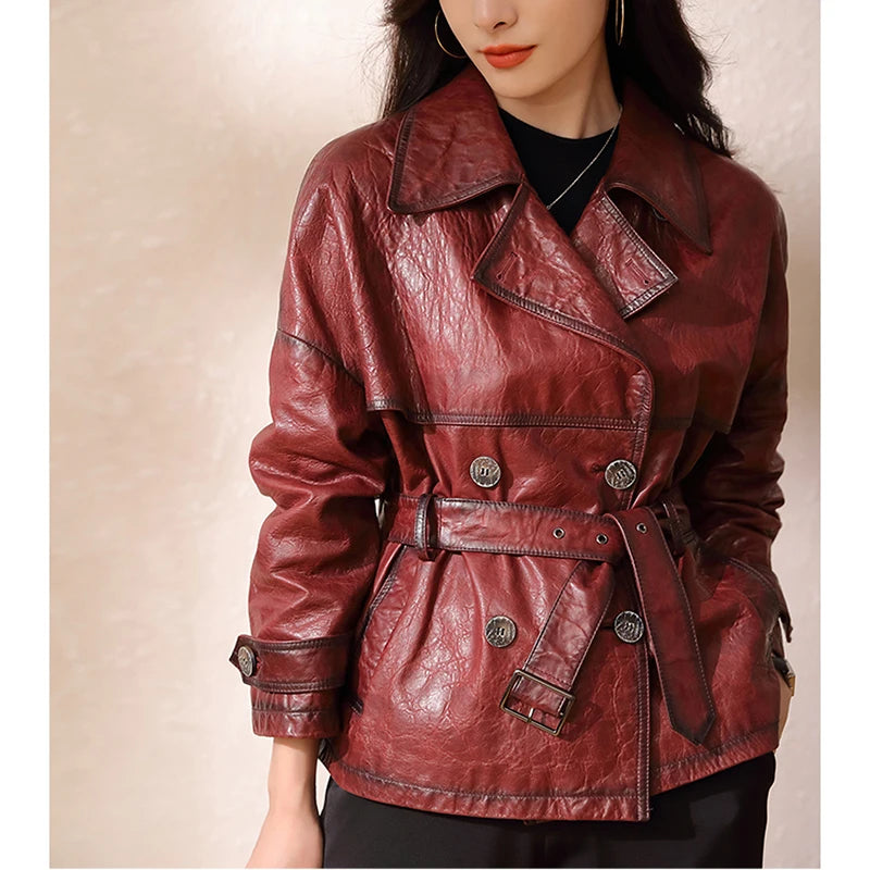 Roupas Femininas Autumn Women's Suit Collar Lace-up Waist Oil Wax Sheepskin Gabardina Mujer Vintage Red Wine Short Trench Coats