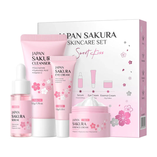 Japan Sakura Skincare Set 4pcs Hydrating Tightening Cleanser Serum Essence Cream Eye Treatment Soften Clean Skin Beauty
