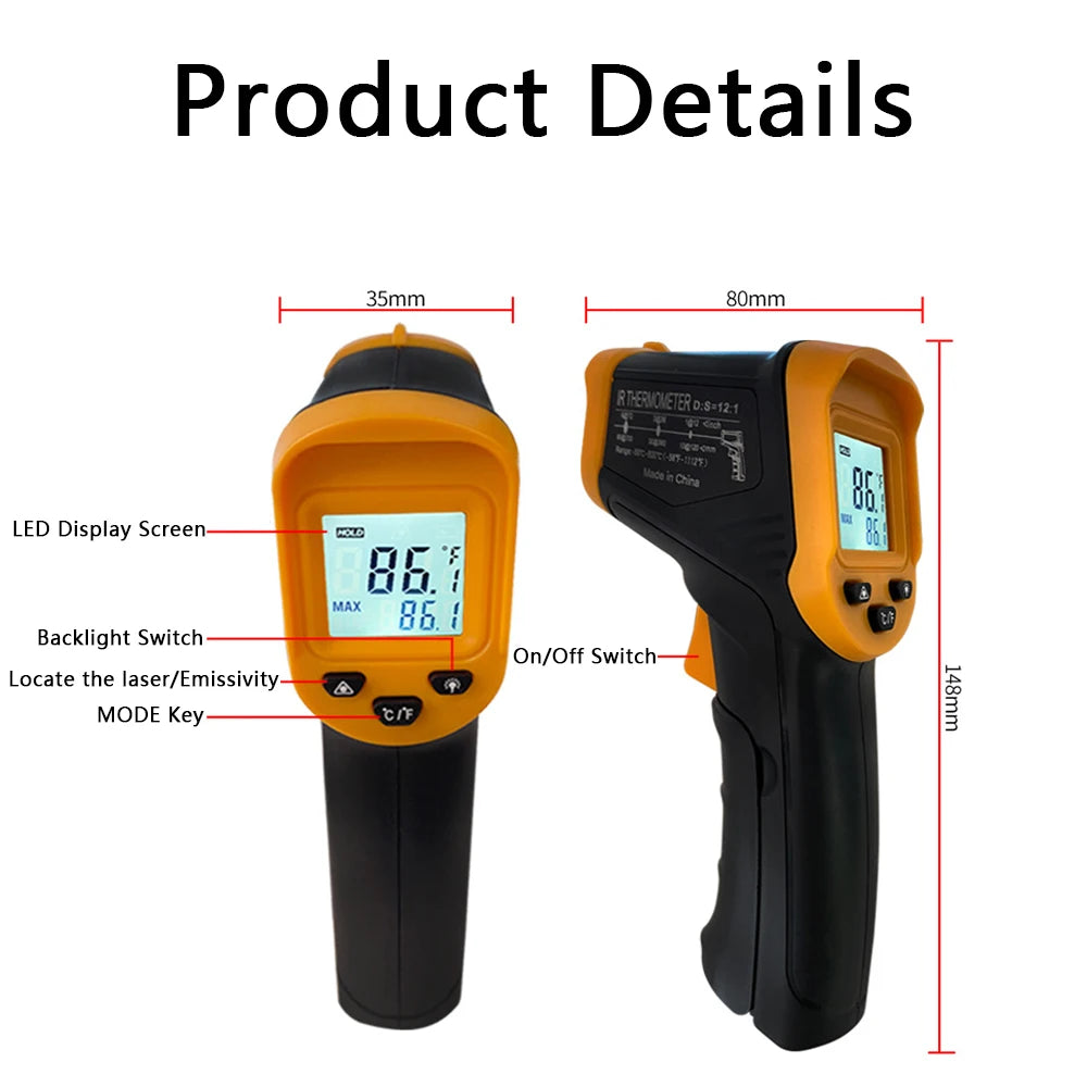 Infrared Thermometer Gun -50-600℃ Digital with Adjustable Emissivity IR Laser Temperature Gun Non-contact Pyrometer Industrial