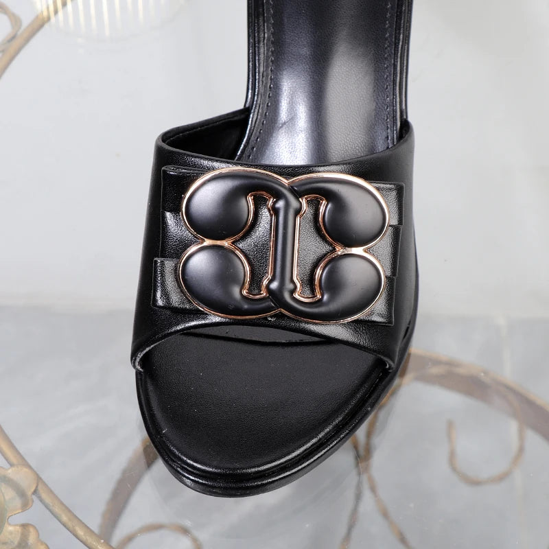 Women's slippers in summer 2024 wear sandals with thin heels high heels buckle is simple elegant black Women shoes