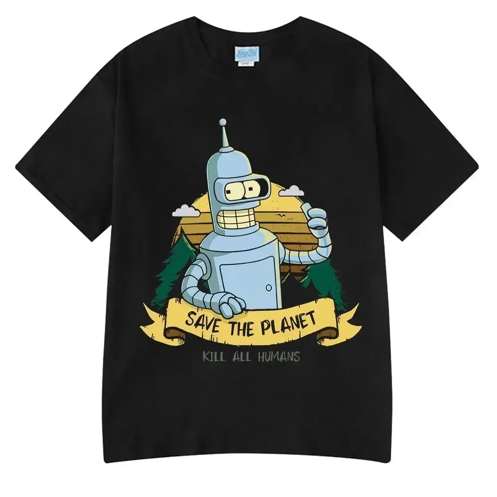Summer Fashion Hot Save The Planet Kill All Humans Funny Tops Robot Print Oversized T-Shirts Men Women Short Sleeve Cotton Tops