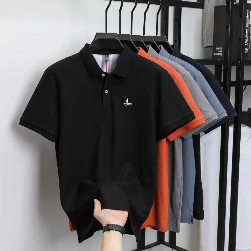 100% pure cotton men short sleeve polo shirt fashion exquisite sailboat embroidery summer comfort business casual lapel T-shirt