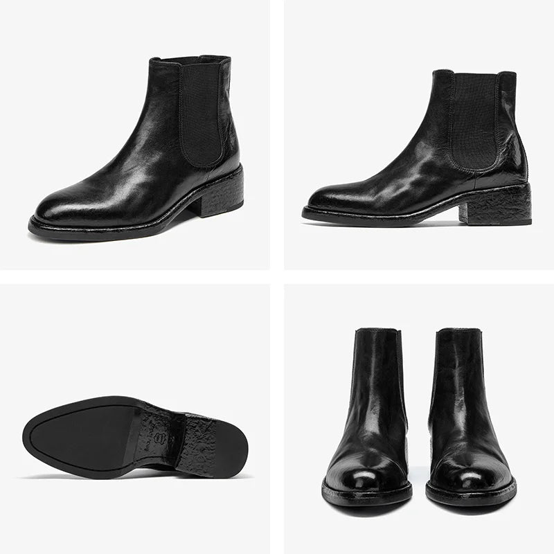 BEAUTODAY Ankle Boots Women Genuine Horse Leather Chelsea Booties Round Toe Elastic Band Vintage Ladies Shoes Handmade 03D64