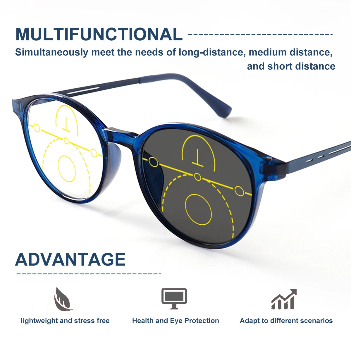 Progressive Multifocal Reading Glasses, Photochromic, Clear Vision, Round Frame, Lightweight to Wear, Stylish Appearance Suitable for Both Men and Women