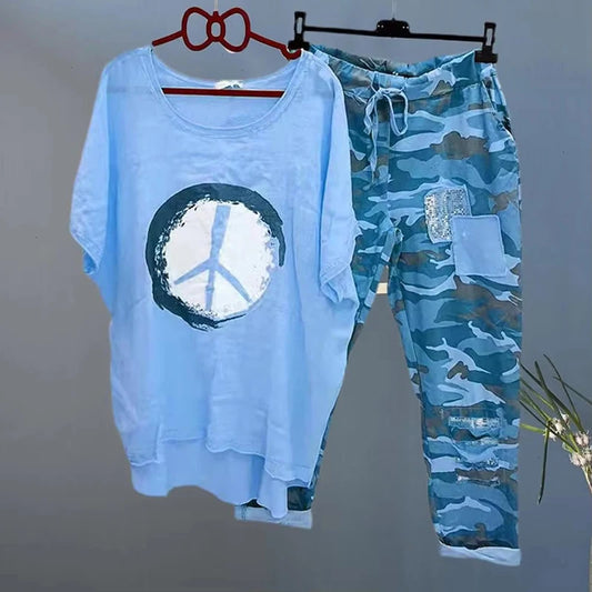 Pants Set For Women Fashion O Neck Irregular Hem Blouse Camouflage Print Drawstring Pants Sets Casual Short Sleeve T Shirt Suits