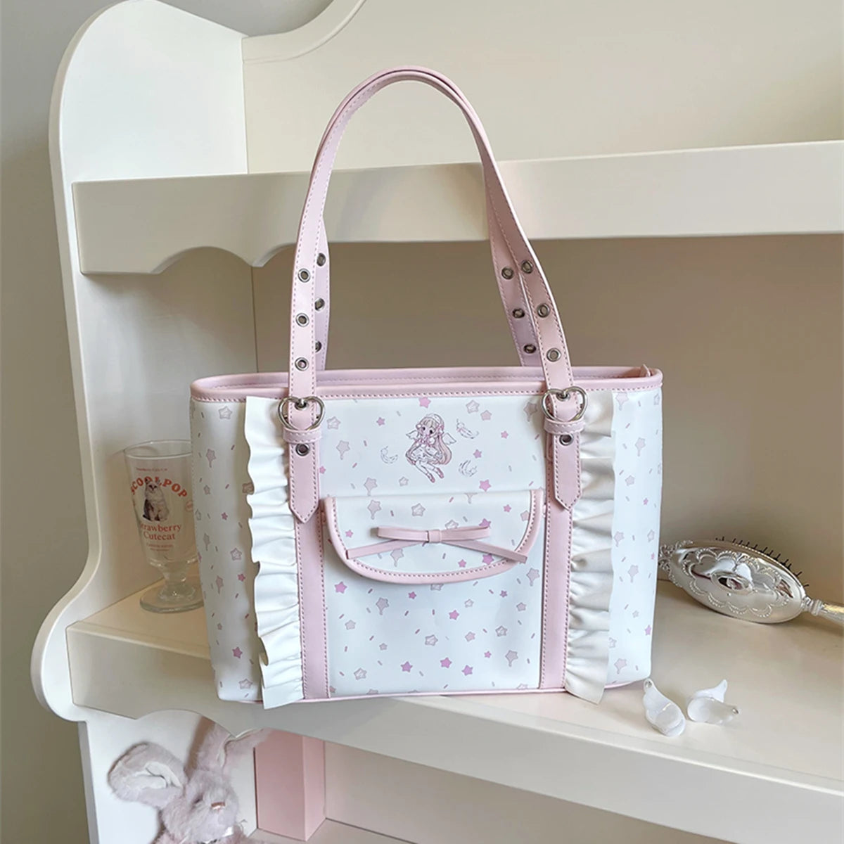 Pink Tote Bag Women Large Capacity Shoulder Bags Cartoon Cute PU Leather Handbags Shopping Women's Bags