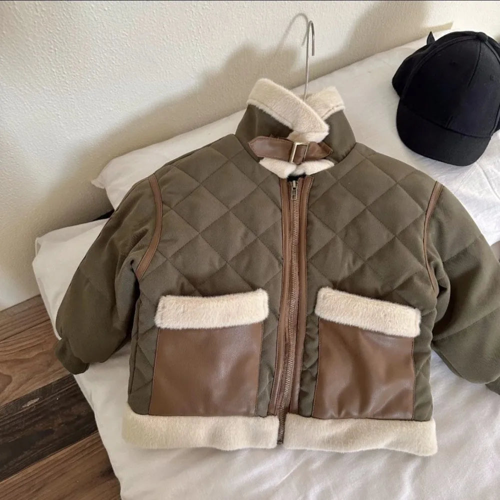 Winter New Children's Jacket Boys and Girls Baby Plush Thickened Cotton Coat Warm Jacket Motorcycle Coat  Autumn