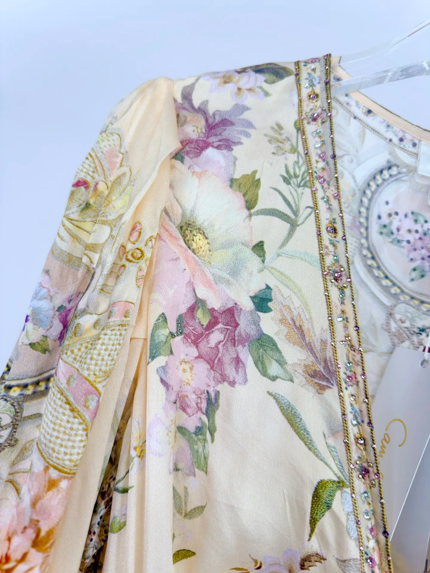 Women Silk Flower Printed Long Dress Heavy Beaded V-Neck Lantern Sleeve Loose Female dress