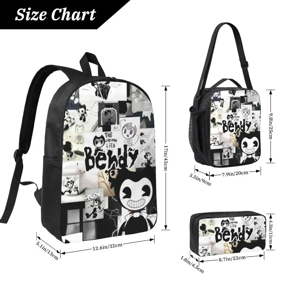 3Pcs Bendys And The Dark School bags Set for Boy Girl Pen Bags Backpack Sets with Lunch Box For School Students Knapsack
