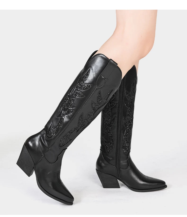 Shoes for Women New Embroidered Western Cowboy Boots Women Autumn Pointed Toe Thick Heel High Knee Boots