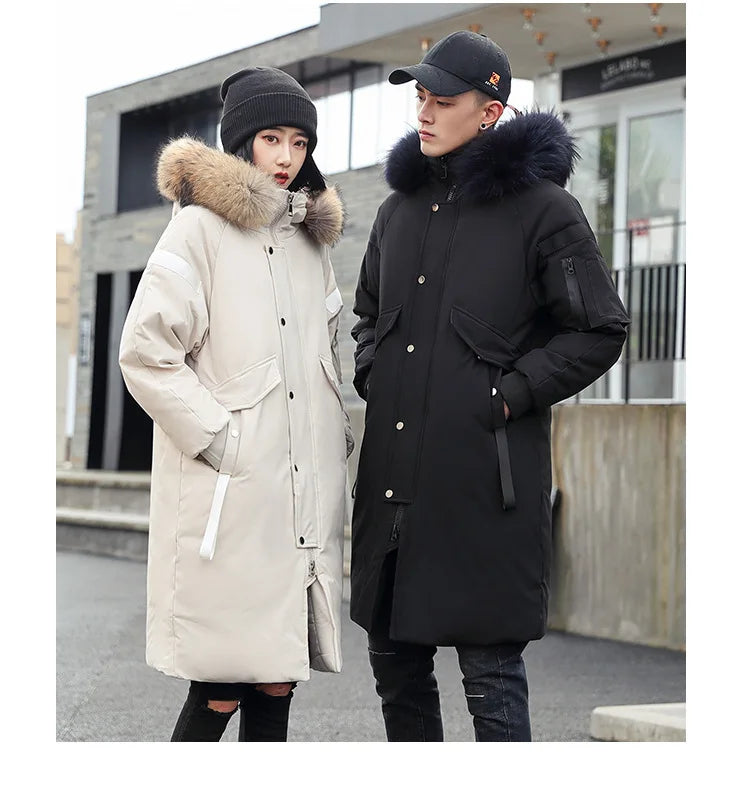 New Winter Down Jacket Men's Couple Fashion Big Fur Collar Medium and Long Youth Pie To Overcome Warmth and Thickening Tide